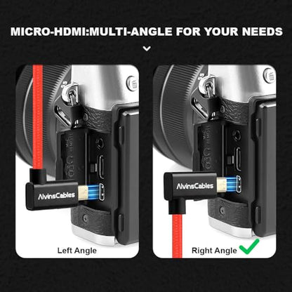 Alvin's Cables Right Angle Micro HDMI to HDMI Cable 8K@60Hz 4K@120Hz, Braided Coiled HDMI 2.1 for Sony A7RIII/A7II/A7M3, Canon R5/M6, Fujifilm X-T4/X-T3, GoPro, Nikon - Red Ultra Durable - color: Red, style: Right Angle micro HDMI