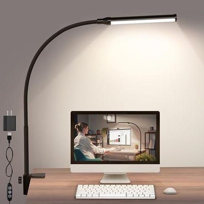ShineTech LED Desk Lamp with Clamp, Clip On Desk Lamp for Home Office, 4000K Natural White & 11 Brightness Level, Flexible Gooseneck Architect Desk Light, Eye Caring Reading Lamp with USB Adapter - color: 4000K- Cool White