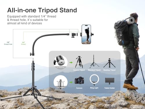 elitehood 6.8 Feet Tall Phone Stand Tripod, Aluminum iPhone Tripod [Lightweight & Ultra Stable], Adjustable Phone Recording Stand Compatible with iPhone 15 Pro Max/15 Pro/14 13, Android Cell Phone - style: Lightweight Tripod
