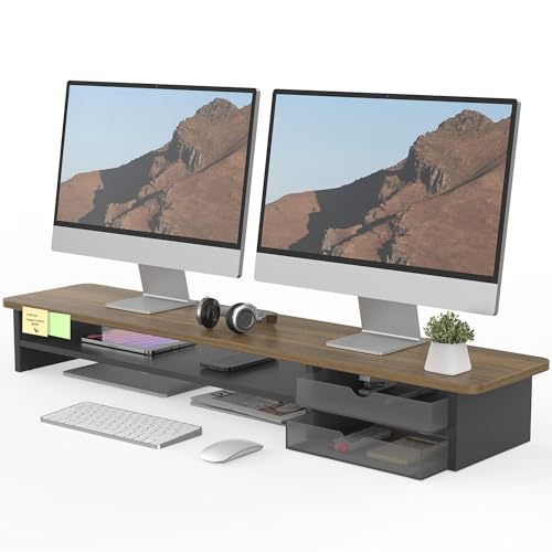Fenge Monitor Stand, Dual Monitor Riser, 42.5inch Large Desk Computer Monitor Stand Riser with Drawer, 2 Tier Wood & Acrylic Desktop Organizer for Computer, Laptop, Printer, TV Screen Riser - color: Brown