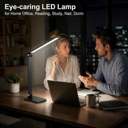 LED Desk Lamp for Home Office, 3 Levels Dimmable Desk Light with USB Charging Port, Small Study Lamp, Reading Light for Table, Black, 5000K - color: Black