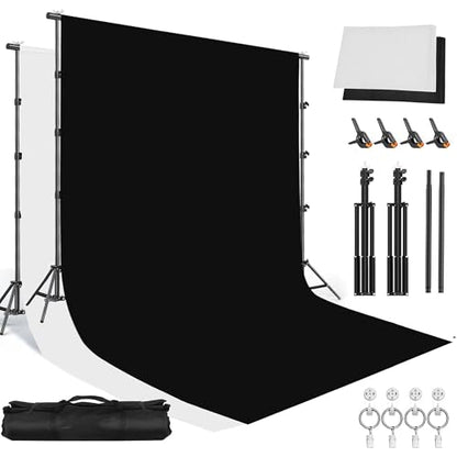 8.5x10ft Background Stand with 6.5x10ft White and Black Chromakey Backdrop Screen, Adjustable Background Holder Support System Kit, Clamp for Photography Video Studio Portrait Product Shooting