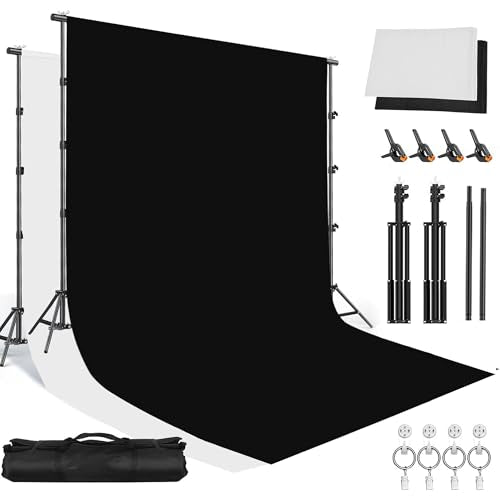 8.5x10ft Background Stand with 6.5x10ft White and Black Chromakey Backdrop Screen, Adjustable Background Holder Support System Kit, Clamp for Photography Video Studio Portrait Product Shooting