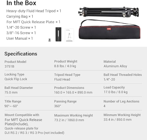 SmallRig AD-01 Video Tripod, 73" Heavy Duty Tripod with 360 Degree Fluid Head and Quick Release Plate for DSLR, Camcorder, Cameras 3751 - style: AD-01