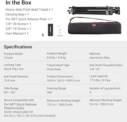 SmallRig AD-01 Video Tripod, 73" Heavy Duty Tripod with 360 Degree Fluid Head and Quick Release Plate for DSLR, Camcorder, Cameras 3751 - style: AD-01