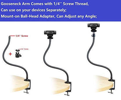 Webcam Mount - Flexible Gooseneck Arm Clamp Stand Tripod for Logitech Webcam C920s C920 C930e C922x C930 C922 C925e C615 Brio - 25 inches