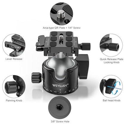 WEYLLAN EH46L Lever Ball Head with Stainless Steel Lock Pin, 46mm Low Profile Heavy Duty Tripod Ball Head Mount with Arca Swiss Quick Release Plate for Tripod Monopod DSLR Camera Camcorder Telescope - size: 46mm Ball