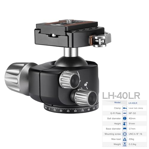 LEOFOTO Low Profile Camera Tripod Ball Head, 91mm Aluminium Ball Head with 1/4" Quick Release Plate, 360° & 90° Tilt Panoramic Ball Head, 3/8" Mounting Screw for Slider/Tripod/Monopod, Max Load 44lb - color: Lever Release, 91mm, with QR Plate, Max Load 44