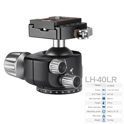 LEOFOTO Low Profile Camera Tripod Ball Head, 91mm Aluminium Ball Head with 1/4" Quick Release Plate, 360° & 90° Tilt Panoramic Ball Head, 3/8" Mounting Screw for Slider/Tripod/Monopod, Max Load 44lb - color: Lever Release, 91mm, with QR Plate, Max Load 44