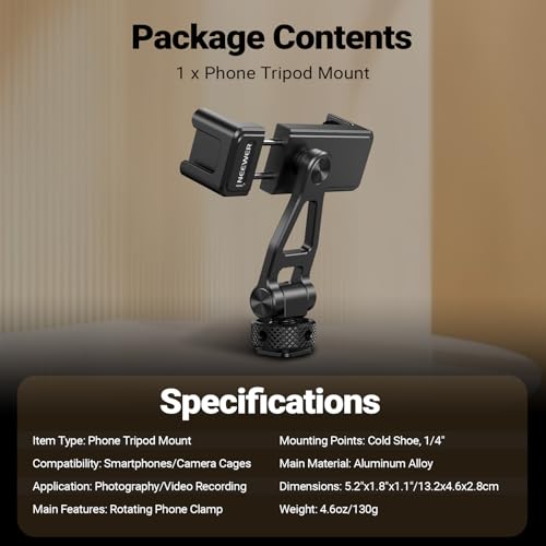 NEEWER Metal Phone Tripod Mount with Cold Shoes, 1/4" Thread, 180° Tilt, 360° Rotation, Adjustable Phone Clamp Holder Compatible with iPhone 17 Pro Max 16 15 Samsung S25 S24 Ultra Camera Cage, GA010 - style: GA010