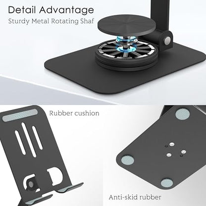 Metal Cell Phone Stand for Desk, Multi-Angel Adjustable 360° Rotation Non-Slip and Foldable Mobile Phone Stand, Compatible with iPhone 17 16 Pro Max and All Smartphones, Black - color: Black