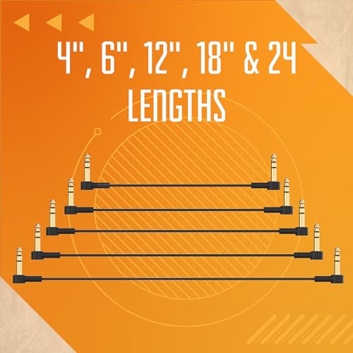 Rock Stock 1/4" Stereo TRS Flat Patch Cables - 12" Ultra-Thin, Right Angle, Low Profile, Gold Plated, Braided Shielding - Maximize Pedalboard Space, Eliminate Noise, Connect Guitar Effects Pedals - size: 12 Inches (1 Foot)