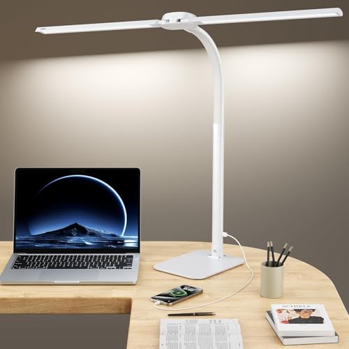 Desk Lamp with USB Charging Port for Home Office 24w Architect Remote Base Dual Task Led Light Modern 5 Color Modes Dimmable Adjustable Gooseneck Double Head Reading Drafting Eye Caring Tall Lamps - color: White
