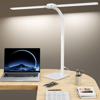 Desk Lamp with USB Charging Port for Home Office 24w Architect Remote Base Dual Task Led Light Modern 5 Color Modes Dimmable Adjustable Gooseneck Double Head Reading Drafting Eye Caring Tall Lamps - color: White