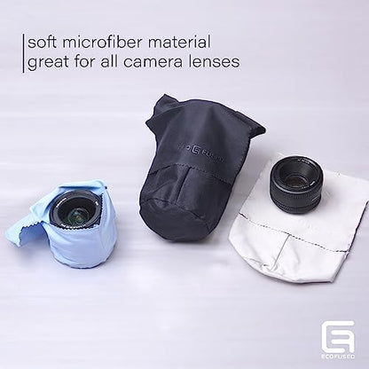 Eco-Fused Camera Lens Pouches - Microfiber Lens Cloth Bag - 4 Pack - Soft Camera Wraps for Multi-Sized Lenses and Accessories - Camera Bag Inserts - Home Travel Photography (Black/Gray/Blue)