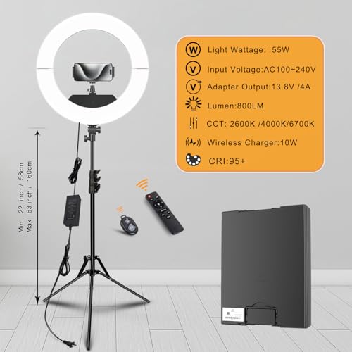 Ring Light 18 INCH Kit,55W6700k Dimmable LED Light, Tripod Stand, Remote Controller,Box for Camera,Smartphone,YouTube,TikTok,Self-Portrait Shooting,CRI95 (Black) - color: Black
