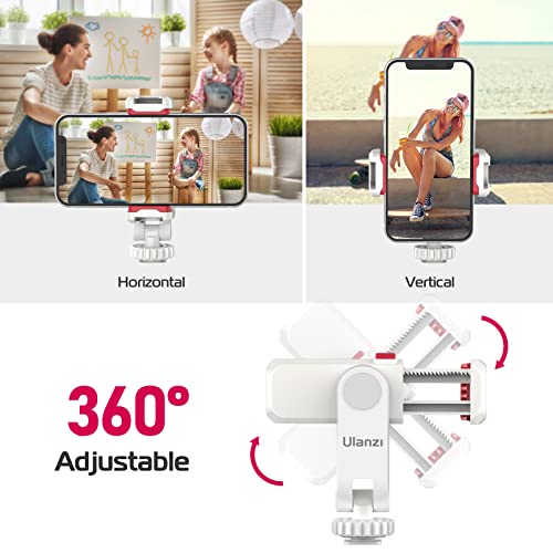 ULANZI Phone Tripod Mount ST-06S White, Universal Smartphone Mount Adapter with 2 Cold Shoe, 360° Rotates and Adjustable Cell Phone Clip Clamp Holder, Compatible with iPhone, Samsung Galaxy and More - color: White