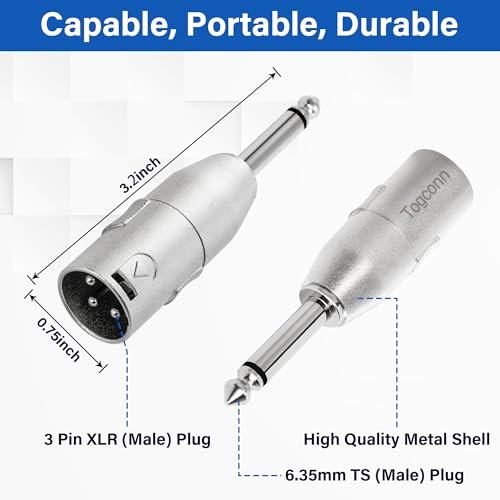 1/4" TS to XLR Adapter 2 Pack - 6.35mm 1/4" TS to XLR Male Connector - color: TS 6.35mm Male to XLR Male, size: 2 Pack