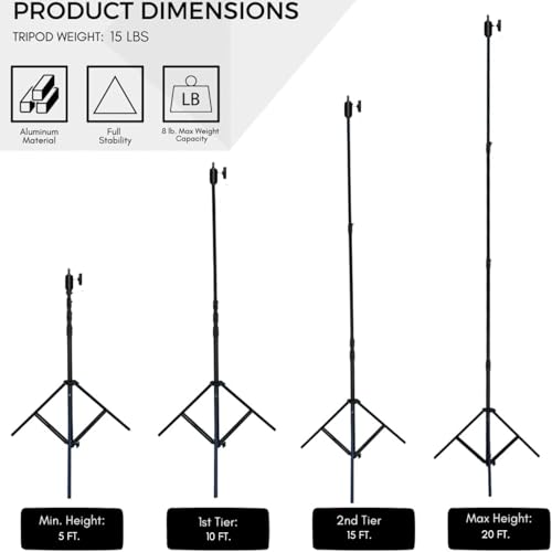 Glide Gear TST 20 Sky High 20' Tall Video Camera Tripod Stand – Air-Cushioned Telescoping Sections, Supports Up to 8 lbs – Ideal for Overhead Shots in Film & Photo - Stabilization Kit Included - size: TST 20 - 20 Ft. Tripod