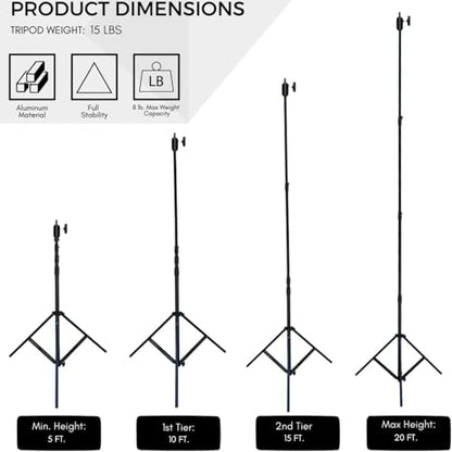 Glide Gear TST 20 Sky High 20' Tall Video Camera Tripod Stand – Air-Cushioned Telescoping Sections, Supports Up to 8 lbs – Ideal for Overhead Shots in Film & Photo - Stabilization Kit Included - size: TST 20 - 20 Ft. Tripod