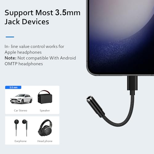 USB C to 3.5mm Headphone Jack Adapter 2 Pack, Type C to 3.5mm Audio Adapter Aux Dongle Cable for Samsung Galaxy S26 Ultra S26+ S26 A37 A57 S25 Ultra S25 FE Edge S25+ A17 A16 5G A36 A26 A56 S24 S23 S22