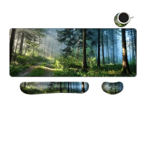 MIBITRI Keyboard Mouse Pad Set, Extended Gaming Mouse Pad+Ergonomics Keyboard Wrist Rest Support, Memory Foam, Easy Typing Pain Relief, 3Pcs XXL Ultra Thick Desk Mat, Forest in The Morning - color: Forest in the Morning