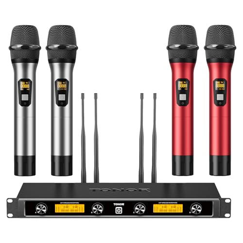 TONOR Wireless Microphones System, 4*10 Channel Metal Professional UHF Cordless Dynamic Handheld Mics with Receiver for Home Karaoke, Meeting, Party, Church, Wedding,KTV, 90 m/295ft, TW-840 Silver&Red - color: Silver & Red, style: 4 Mics