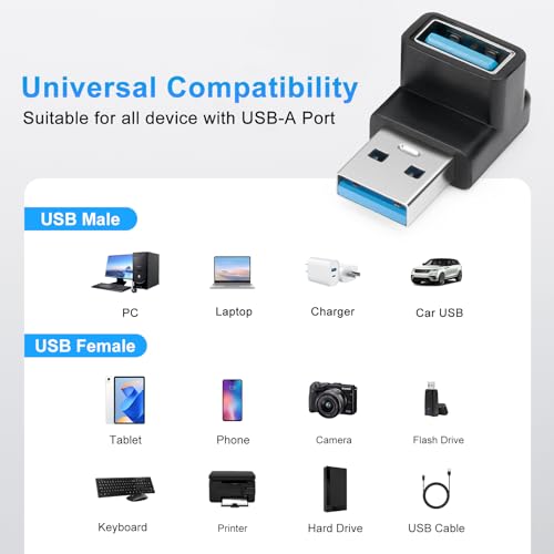 USB 3.1 Adapter 90 Degree (2 Pack), Up and Down Angle 90 Degree USB3.1 Type A Male to USB-A Female Adapter USB Coupler Adapters, Fast Charging Converter OTG (USB 3.1 Up Down) - style: 3.1USBm-USBf-3D