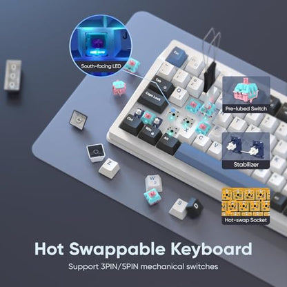 RedThunder K95 Wireless Mechanical Keyboard, TFT Screen & Knob, Tri-Mode BT5.0/2.4GHz/USB-C Hot Swappable Custom, Pre-lubed Linear Switches, Gasket Structure, RGB Gaming Keyboard, Snowy White-Blue - color: Snowy White