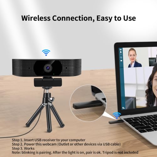 1080P Wireless Webcam for PC, Webcam with Noise-reducing Mic, 92°FOV，360° Rotation, Plug and Play, Wireless Camera Works with Skype, Zoom for Conference meetings, video calls (USB-powered Version) - color: Black