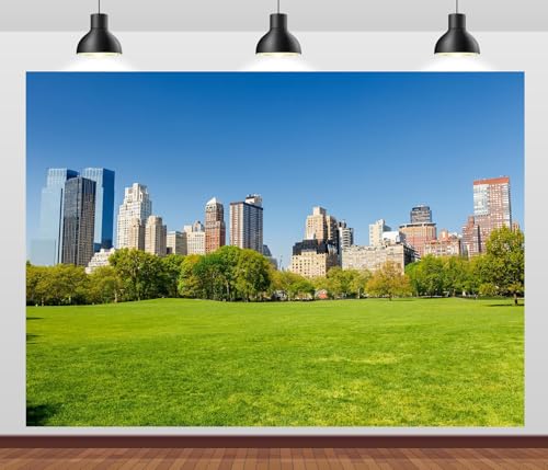 15x10ft New York City Central Park Backdrop Green Grass Land City View Photography Background Blue Sky Sunny Day Garden Grass Backdrop for Holiday Birthday Party Wedding Portrait Prop - size: 15x10FT