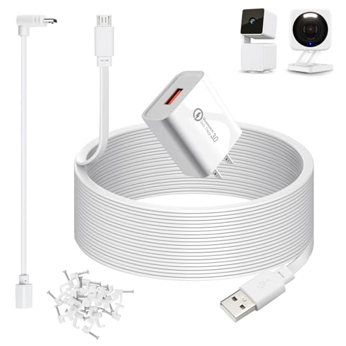 weishan 50ft Power Cable for Wyze Cam v4,Wyze Cam Pan v3,Wyze OG, v3 Pro Security Cameras - 15m Long Flat Extension Micro USB Charging Cord with L-Shaped Short Adapter and 18W Fast Charger, White - color: White, size: 50 Feet