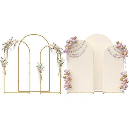 Toolterritary Set of 3 Metal Arch Backdrop Stand with Cover Set, (7.2FT, 6.6FT, 6FT Wedding Arch and Cover Set), Backdrop Arch for Party, Baby Shower, Birthday, and Graduation Ceremony - color: Beige, size: 7.2ft+6.6ft+6ft