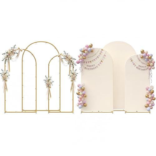 Toolterritary Set of 3 Metal Arch Backdrop Stand with Cover Set, (7.2FT, 6.6FT, 6FT Wedding Arch and Cover Set), Backdrop Arch for Party, Baby Shower, Birthday, and Graduation Ceremony - color: Beige, size: 7.2ft+6.6ft+6ft