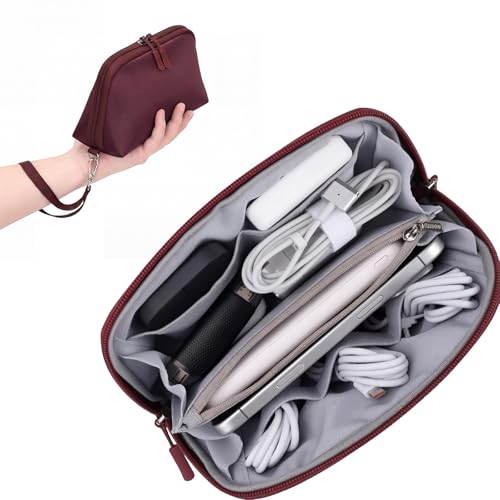 FYY Travel Cable Organizer - 8 Compartments, Lightweight, Water Repellent | With Wrist Strap, Portable Tech Pouch for Cord Charger, Travel and Business Trips Use, Soft Shell Nylon, Wine Red (Small) - color: Wine Red, size: (S) 8.1"× 4.7"× 2.9"