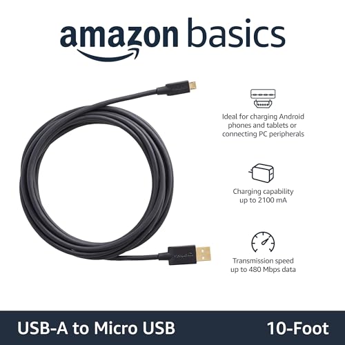 Amazon Basics USB-A to Micro USB Charging Cable, 480Mbps Data Transfer, Gold-Plated Plugs, Compatible with Android Phones and Tablets, 10 Foot, Black - size: 10 Feet, style: 1 Pack