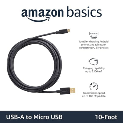 Amazon Basics 5-Pack USB-A to Micro USB Charging & Data Transfer Cable, 480Mbps Transfer Speed, Gold-Plated Plugs, USB 2.0, 10 Foot, Black - size: 10 Feet, style: 5-Pack