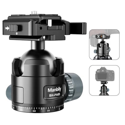 Manbily Low Profile Ball Head, 44mm Tripod Head with Picatinny to Arca-Swiss Adapter and 1/4" Quick Release Plate, CNC Aluminum 360° Head for Hunting Shooting Tripod DSLR Camera, Max Load 44lbs/20kg