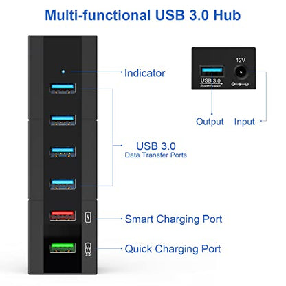 Powered USB 3.0 Hub, RAOYI 6 Ports High Speed USB 3.0 Hub Splitter with 24W Power Adapter, 3.3ft Cable and Smart Fast Charger USB Hub for Laptop, PC, Mac, Mobile HDD, Mulitple Devices (Black) - size: Black, style: 6-Port 24W Rectangle
