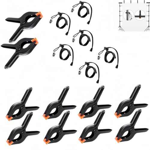 4 in Plastic Heavy Duty Spring Clips for Crafts, Adjustable Elastic Nylon PhotoClips for Photography & Video Studio,10Heavy Duty Spring Clips & 6Backdrop Clip Holders