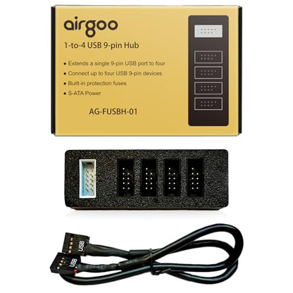 Airgoo Internal USB Hub, 9-Pin USB 2.0 Header Splitter - 1 to 4 Ports | S-ATA Powered, Magnetic Mount for PC Case, Plug-and-Play Expansion for LCD Screen / Front Panels / LED Controllers