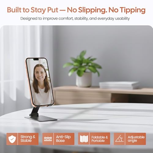 Phone Stand for Desk, Adjustable Aluminium Cell Phone Stand Holder, Foldable Phone Holder for iPhone & Android, Anti-Slip Phone Stand for Video Calls & Recording