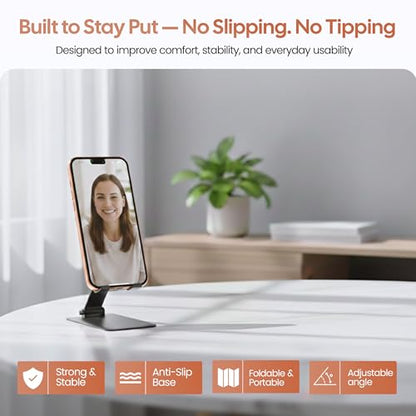 Phone Stand for Desk, Adjustable Aluminium Cell Phone Stand Holder, Foldable Phone Holder for iPhone & Android, Anti-Slip Phone Stand for Video Calls & Recording
