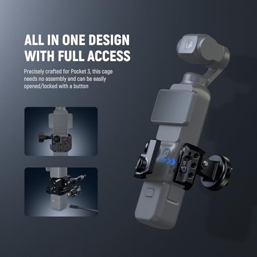 NEEWER Pocket 3 Cage, Aluminum Alloy Gimbal Video Recording Rig with Action Camera Extension Adapter 1/4" Threads Cold Shoe Compatible with DJI Osmo Pocket 3 Creator Combo, No Assembly Needed, AC009