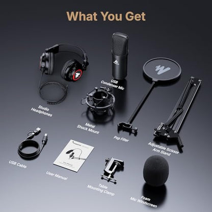 MAONO Microphone with Studio Headphone Set 192kHz/24bit Vocal Condenser Cardioid Podcast Mic Compatible with Mac and Windows, YouTube, Gaming, Live Streaming, Voice-Over (AU-A04H)