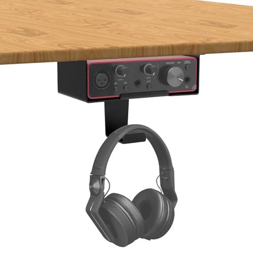 Under Desk Mount for Focusrite Scarlett Solo 3rd Gen/Solo 4th Gen with Headphone Hanger Stand,Under Desk Metal Shelf Organizer for Audio Interfaces and Studio Gear (Black Holder Only)