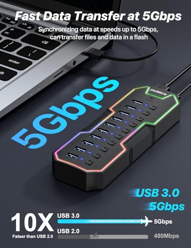 ZIUMIER Powered USB Hub, 10 Ports USB 3.0 Hub with RGB LED Strip | 12V/2A Power Adapter USB Extension,Individual LED On/Off Switches for Mac, PC, Desktop, Flash Drive, Mobile HDD
