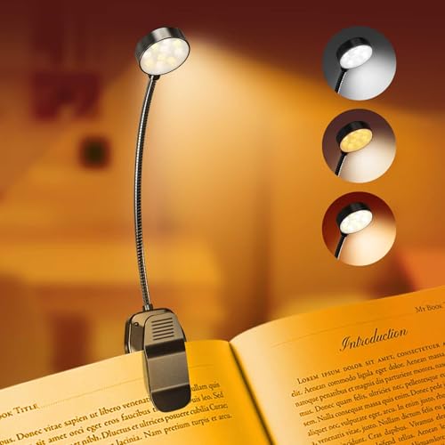 KTEBO Rechargeable Book Light for Reading in Bed, Eye Caring Book Reading Lamp with 10 LED Modes, 1.3 oz Lightweight Portable Clip on Light, 360 Adjustable Clamp Light Perfect for Readers | 9 eye-friendly modes from 3 color temperatures and 3 brightness,