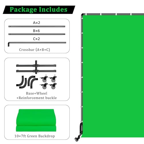 BENOISON Backdrop Stand with Wheels & Backdrop 10x7ft(WxH) Green Screen with Stand, Movable Rolling Background Stand with Greenscreen for Photography Video Studio