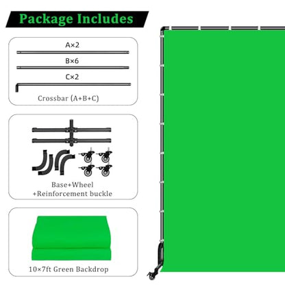 BENOISON Backdrop Stand with Wheels & Backdrop 10x7ft(WxH) Green Screen with Stand, Movable Rolling Background Stand with Greenscreen for Photography Video Studio